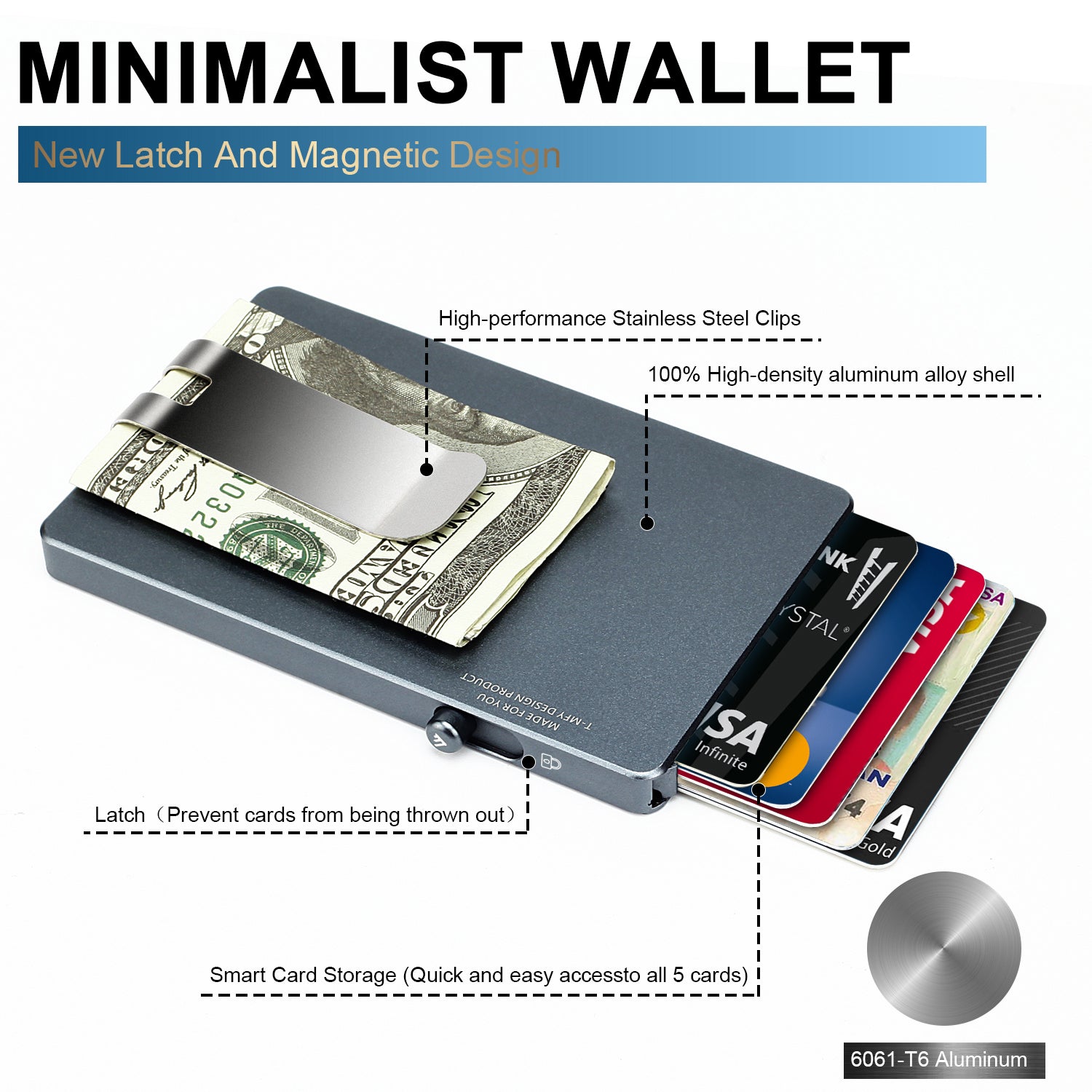 Minimalist Pop-up Wallet with Money Clip, All Aluminum Slide RFID Slim Card Holder