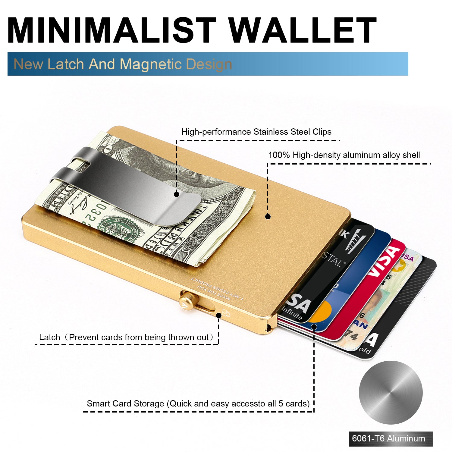 Minimalist Pop-up Wallet with Money Clip, All Aluminum Slide RFID Slim Card Holder