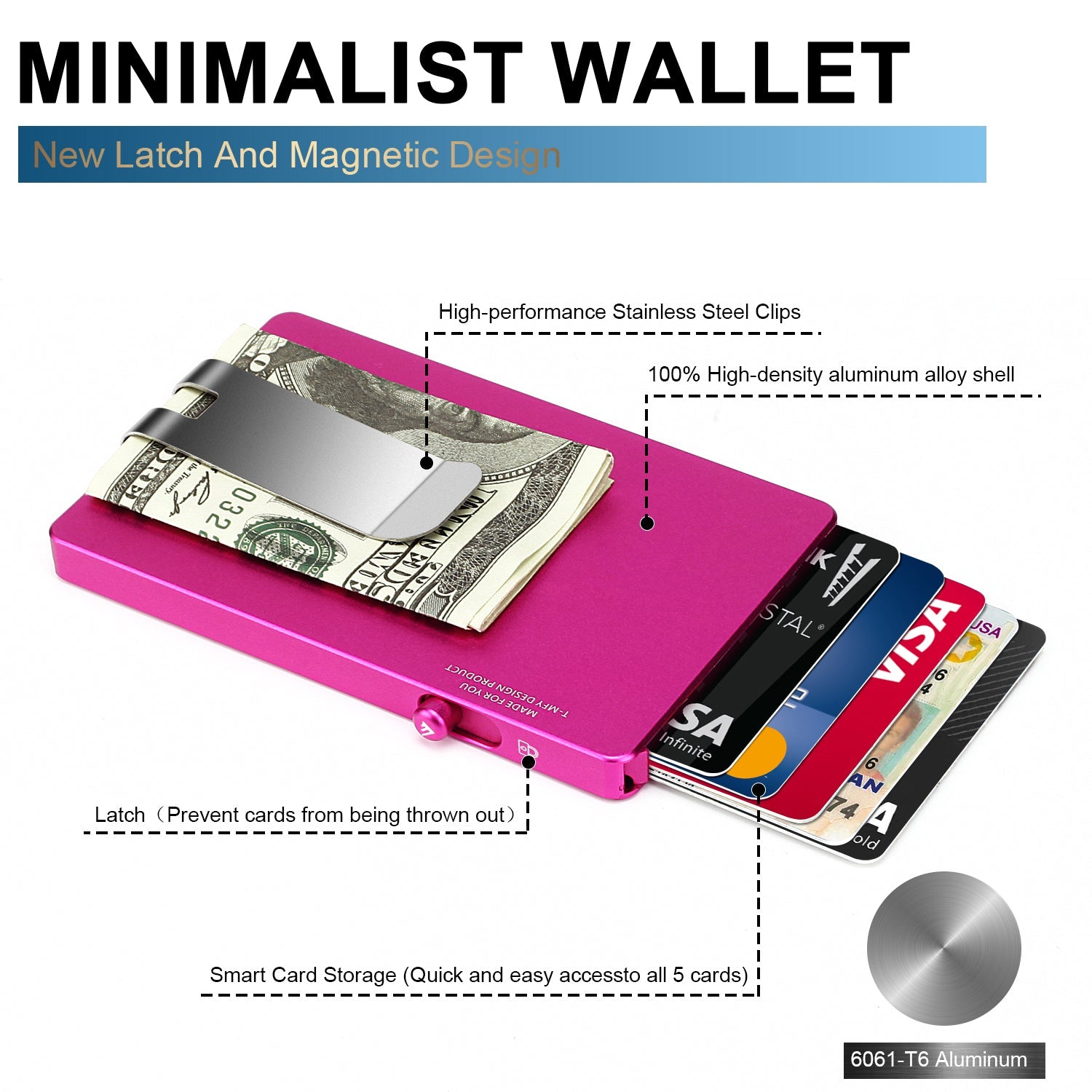 Minimalist Pop-up Wallet with Money Clip, All Aluminum Slide RFID Slim Card Holder