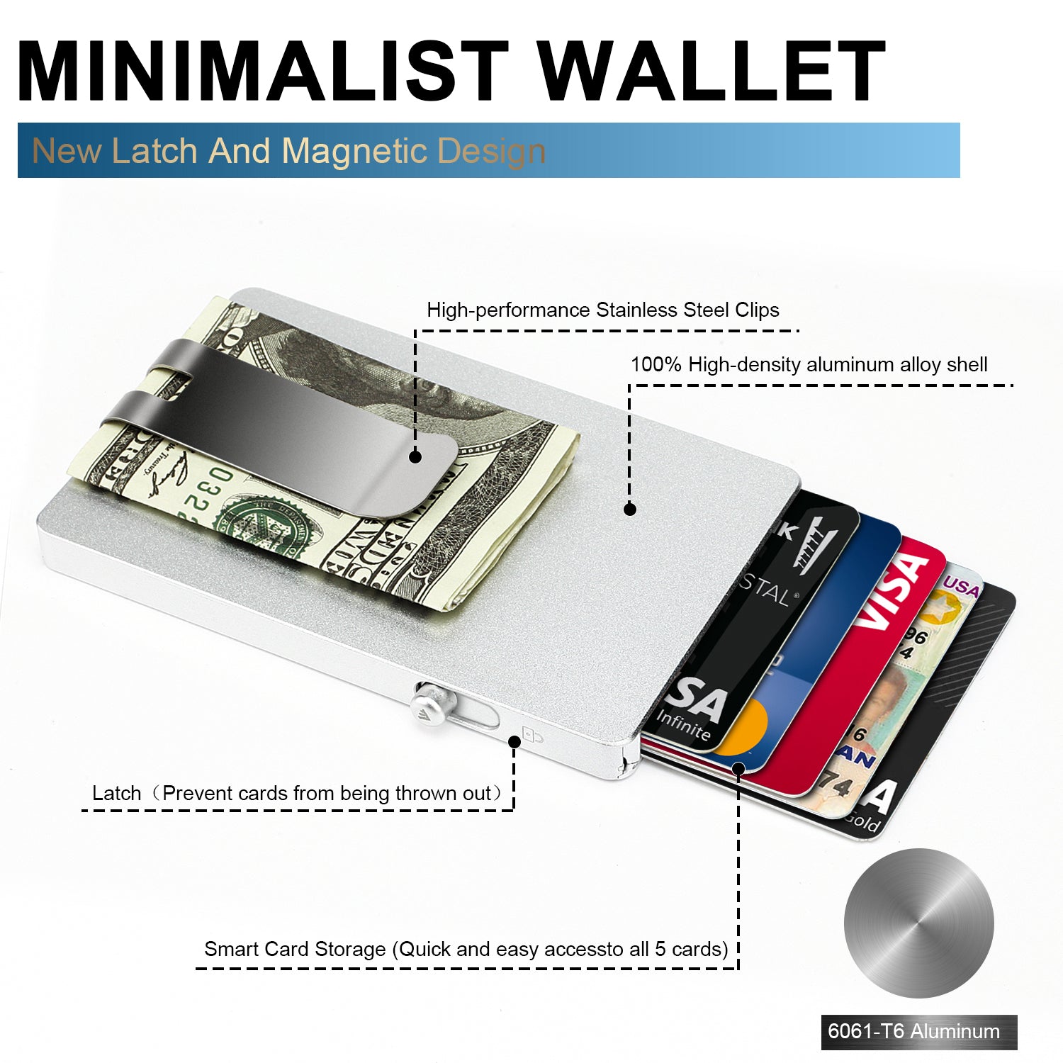Minimalist Pop-up Wallet with Money Clip, All Aluminum Slide RFID Slim Card Holder