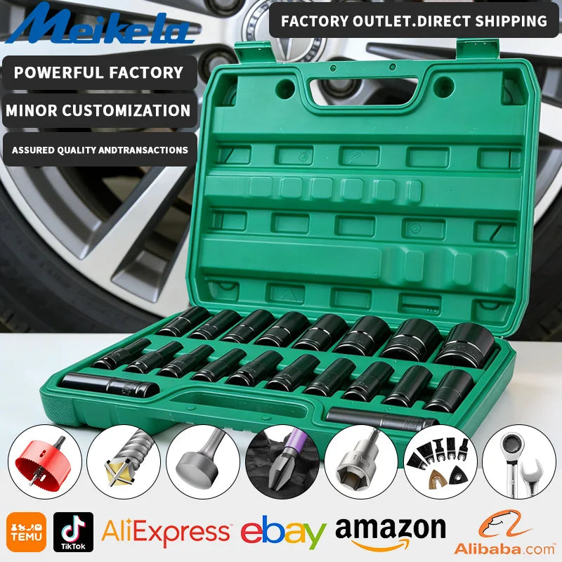 20-Piece 8-32mm Electric Wrench Set, High Carbon Steel Hex Sockets for Drill/Pneumatic Tools, Black Finish