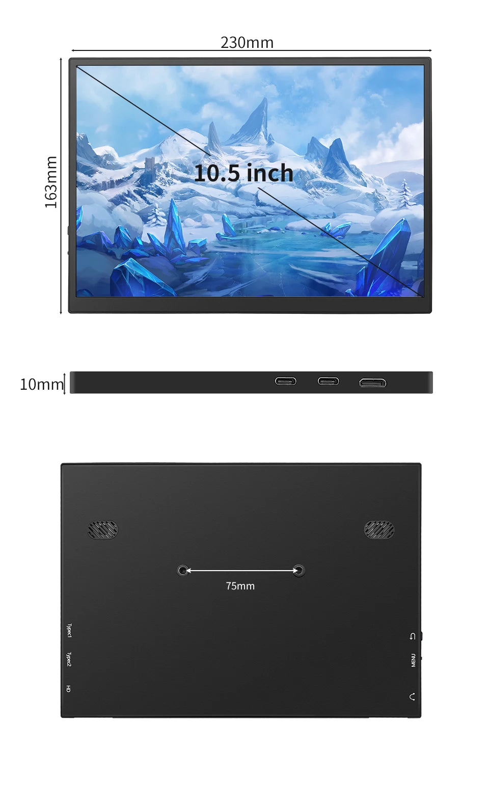 Factory Wholesale 10.5 Inch Portable Monitor 1920x1280 FHD IPS Display HD-MI Type C Screen