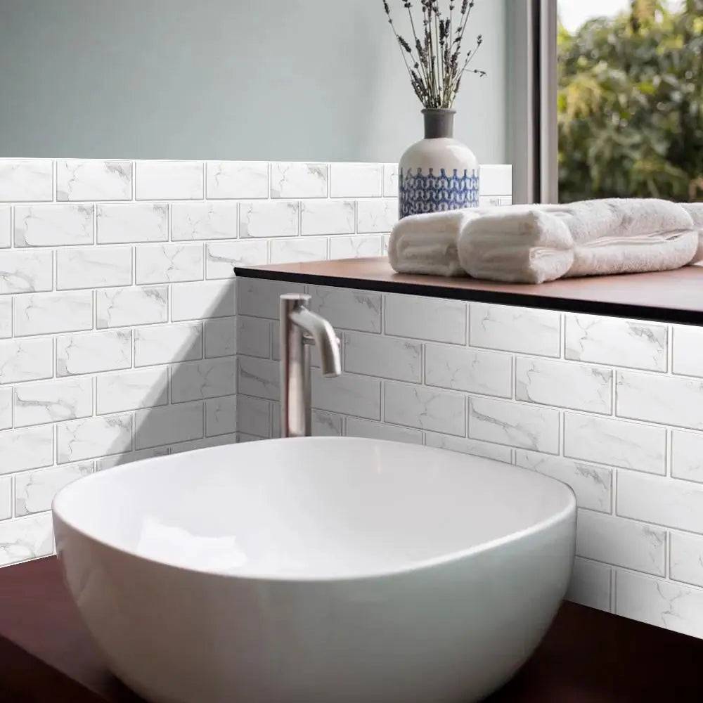 White Marble Look Peel and Stick Wallpaper Water Resistant and Oil-Proof PVC Self-Adhesive Tile Sticker for Kitchen Backsplash
