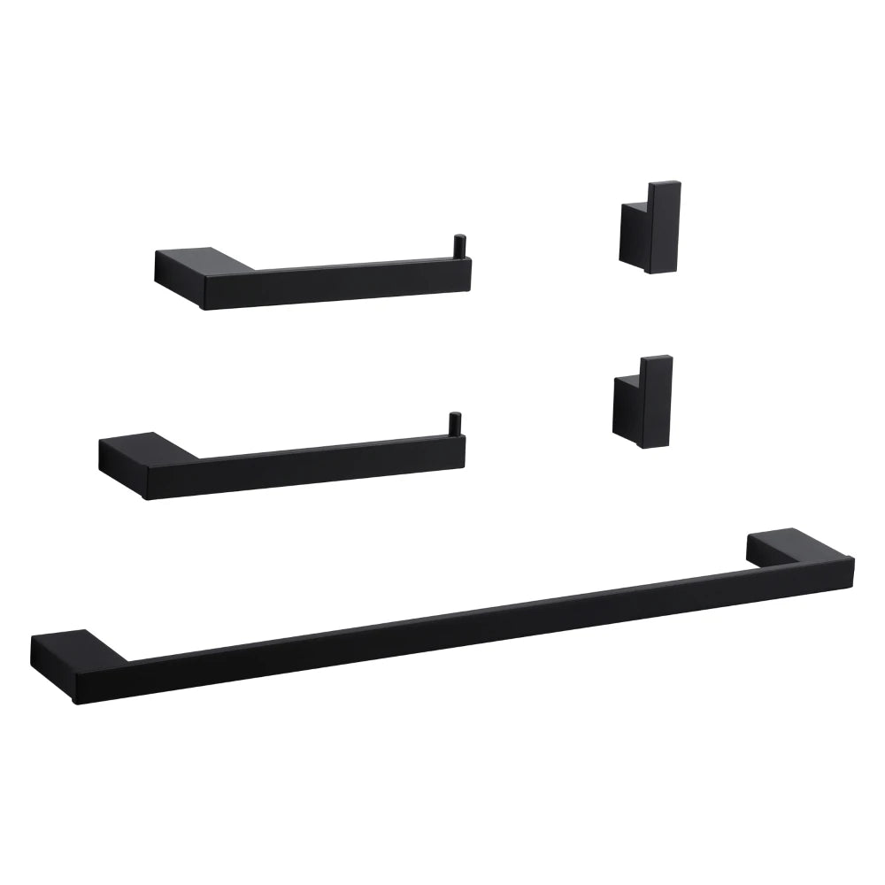 Matte Black Bathroom Accessories Set 5 Pieces, Wall Mounted Screw-In 24" Towel Bar Set Toilet Paper Holder Rack Towel Hooks