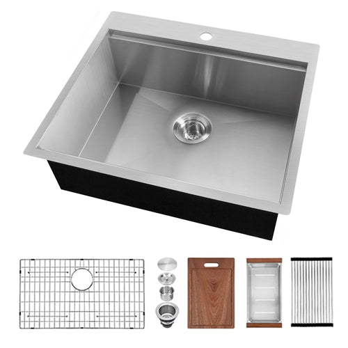 25 Inch Handmade 304 Stainless Steel Topmount Single Bowl Kitchen Sink Rectangular Single Hole Popular American Product