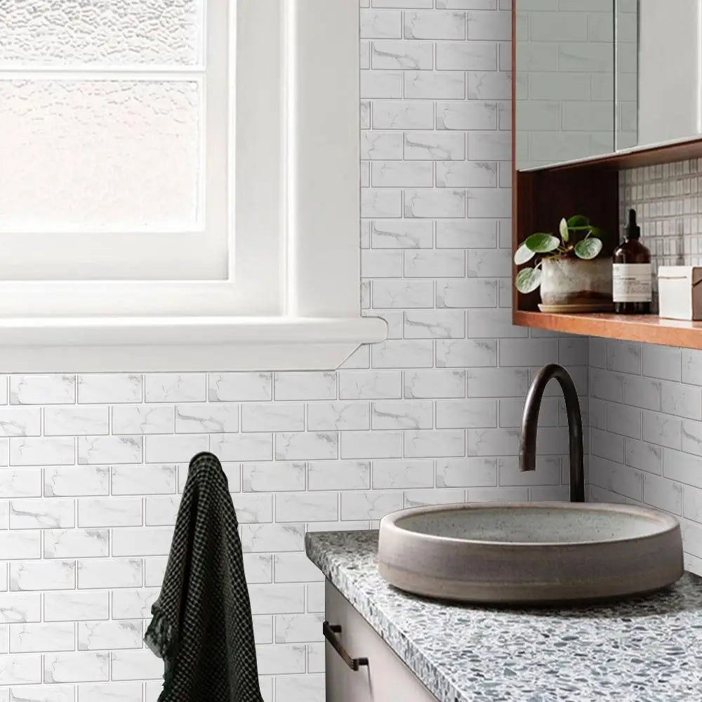White Marble Look Peel and Stick Wallpaper Water Resistant and Oil-Proof PVC Self-Adhesive Tile Sticker for Kitchen Backsplash