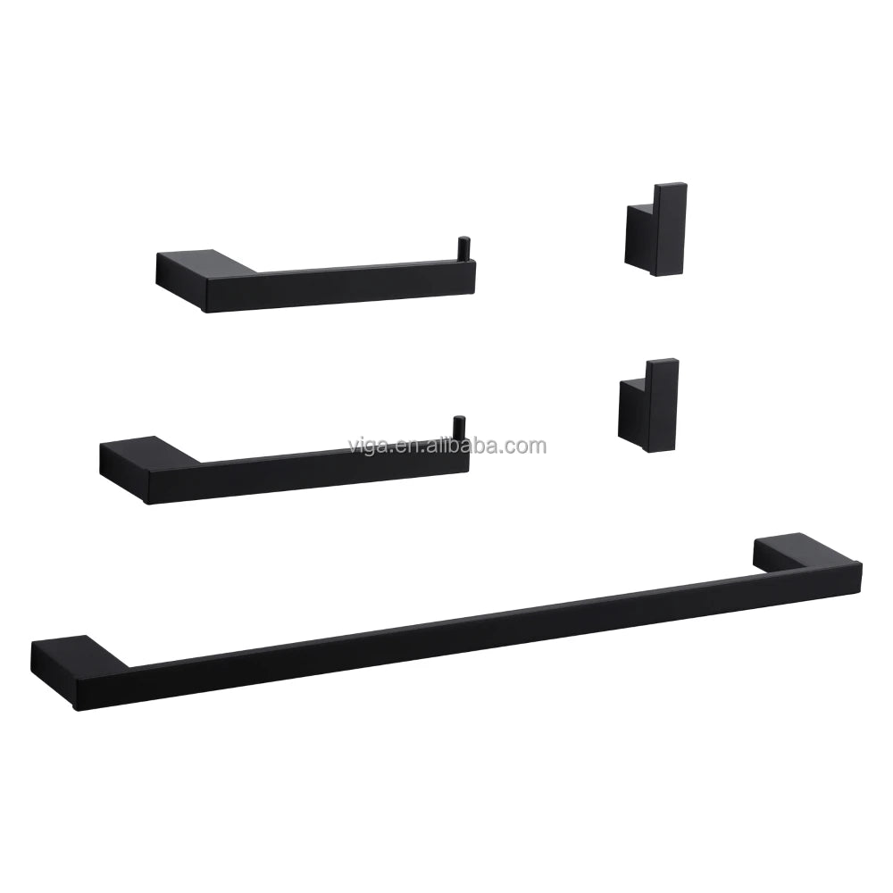 Matte Black Bathroom Accessories Set 5 Pieces, Wall Mounted Screw-In 24" Towel Bar Set Toilet Paper Holder Rack Towel Hooks