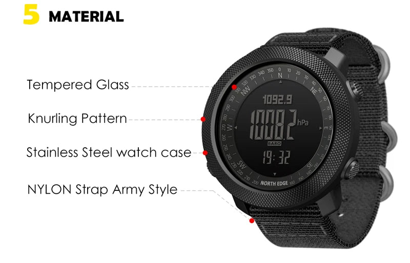 NORTH EDGE Men's sports Digital watch Hours Running Swimming Military Army watches Altimeter Barometer Compass waterproof 50m