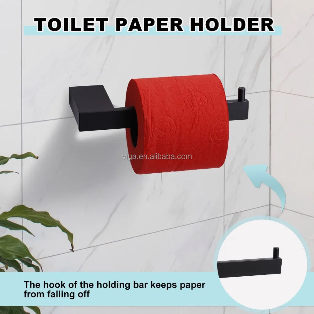 Matte Black Bathroom Accessories Set 5 Pieces, Wall Mounted Screw-In 24" Towel Bar Set Toilet Paper Holder Rack Towel Hooks