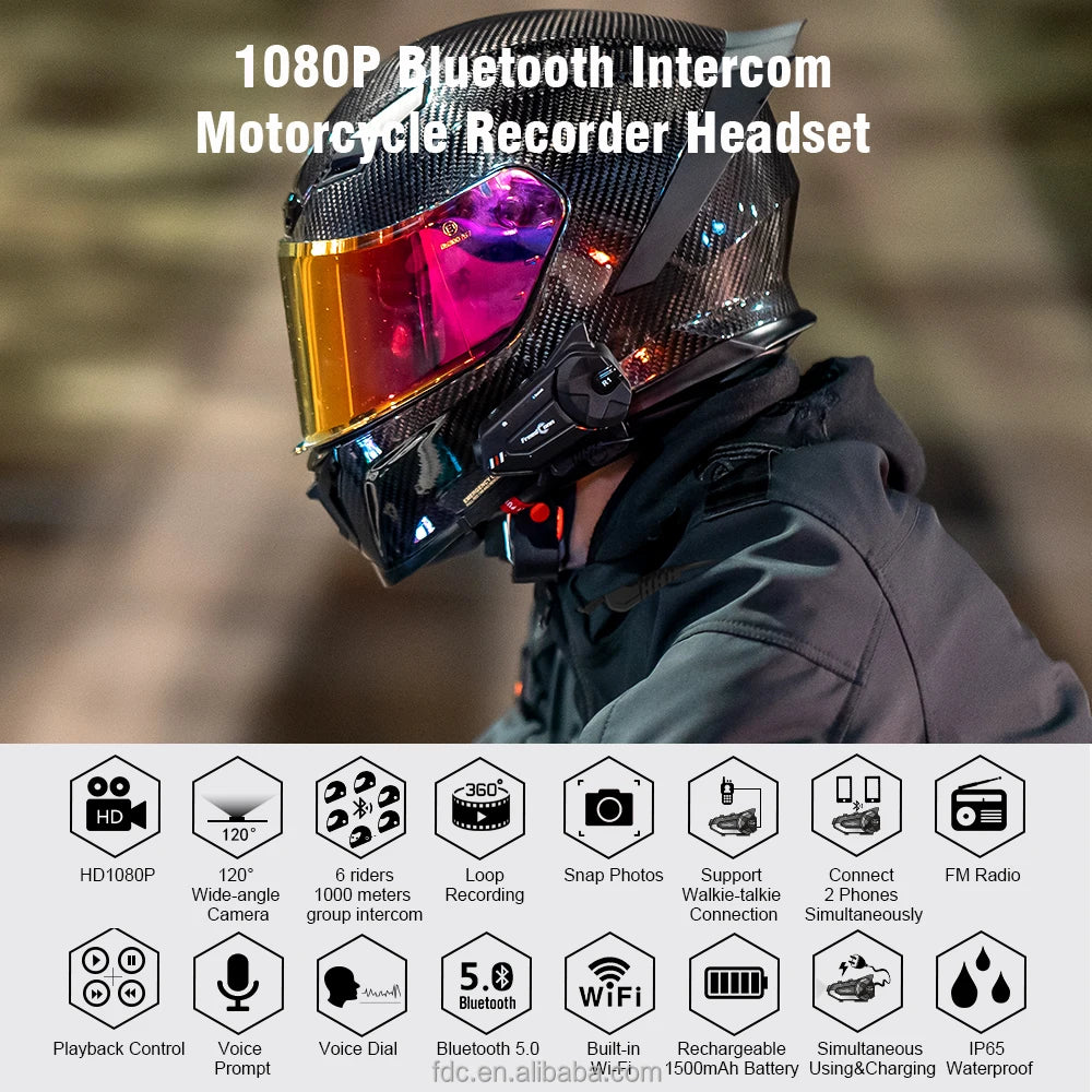 FreedConn R1 PLUS Suitable for Different Helmets 1080P Lightweight Design Motorcycle Recorder Headset Bluetooth Intercom