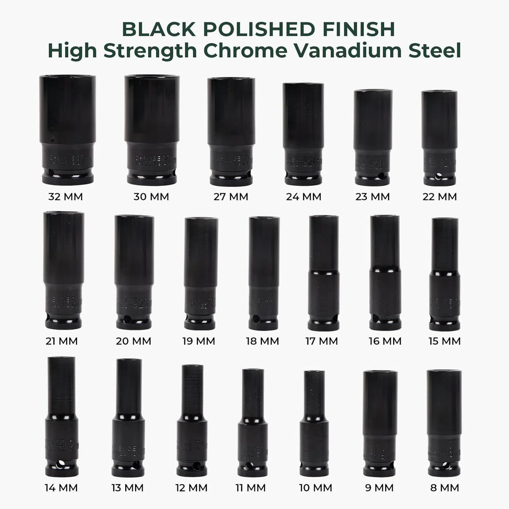 20-Piece 8-32mm Electric Wrench Set, High Carbon Steel Hex Sockets for Drill/Pneumatic Tools, Black Finish