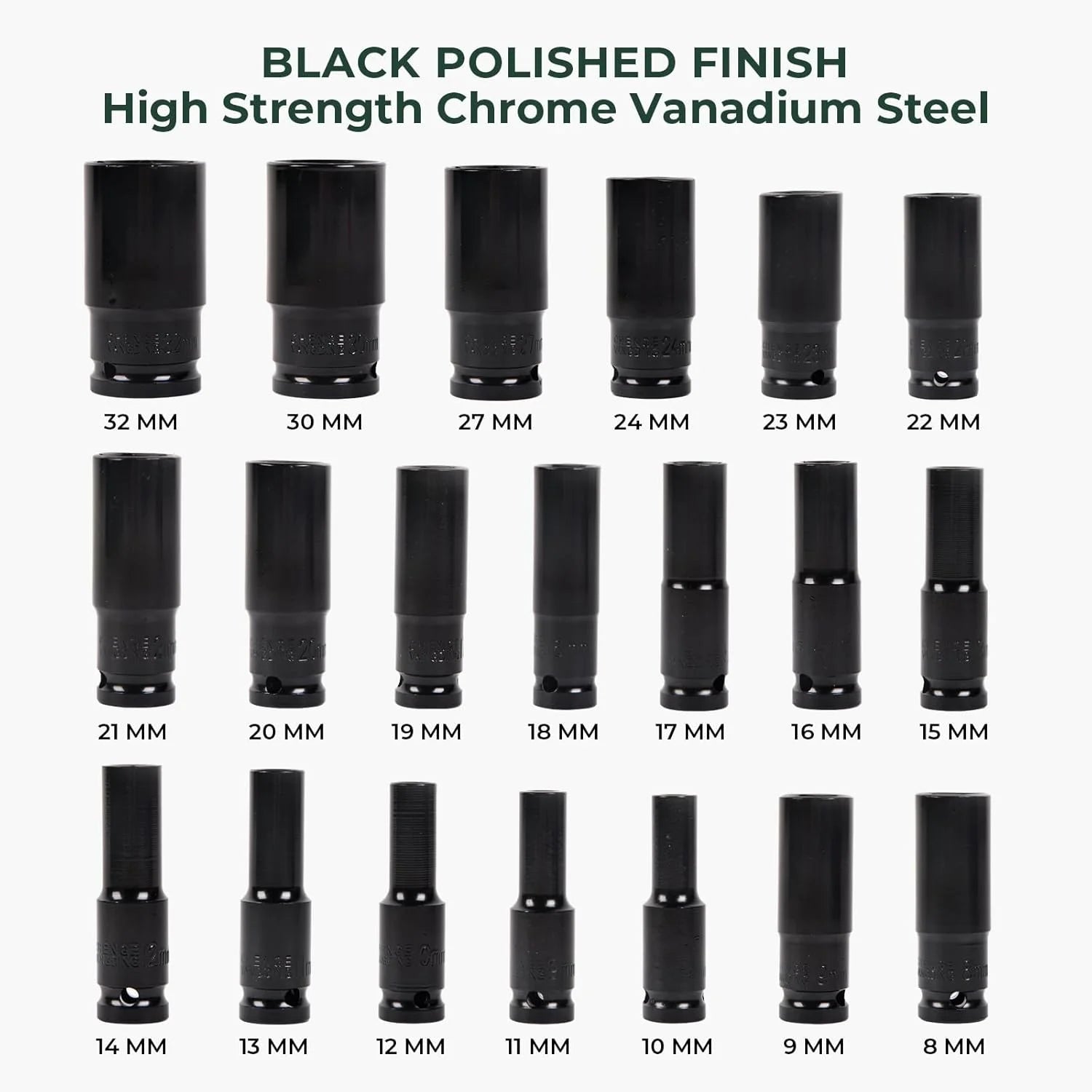 20-Piece 8-32mm Electric Wrench Set, High Carbon Steel Hex Sockets for Drill/Pneumatic Tools, Black Finish