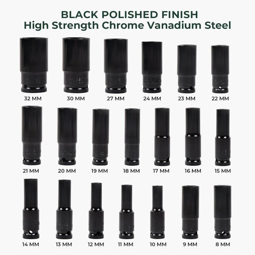 20-Piece 8-32mm Electric Wrench Set, High Carbon Steel Hex Sockets for Drill/Pneumatic Tools, Black Finish