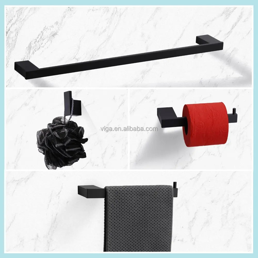 Matte Black Bathroom Accessories Set 5 Pieces, Wall Mounted Screw-In 24" Towel Bar Set Toilet Paper Holder Rack Towel Hooks