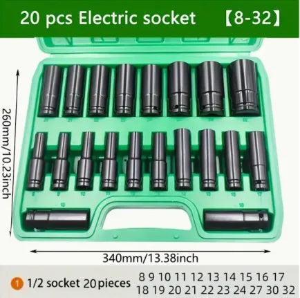 20-Piece 8-32mm Electric Wrench Set, High Carbon Steel Hex Sockets for Drill/Pneumatic Tools, Black Finish