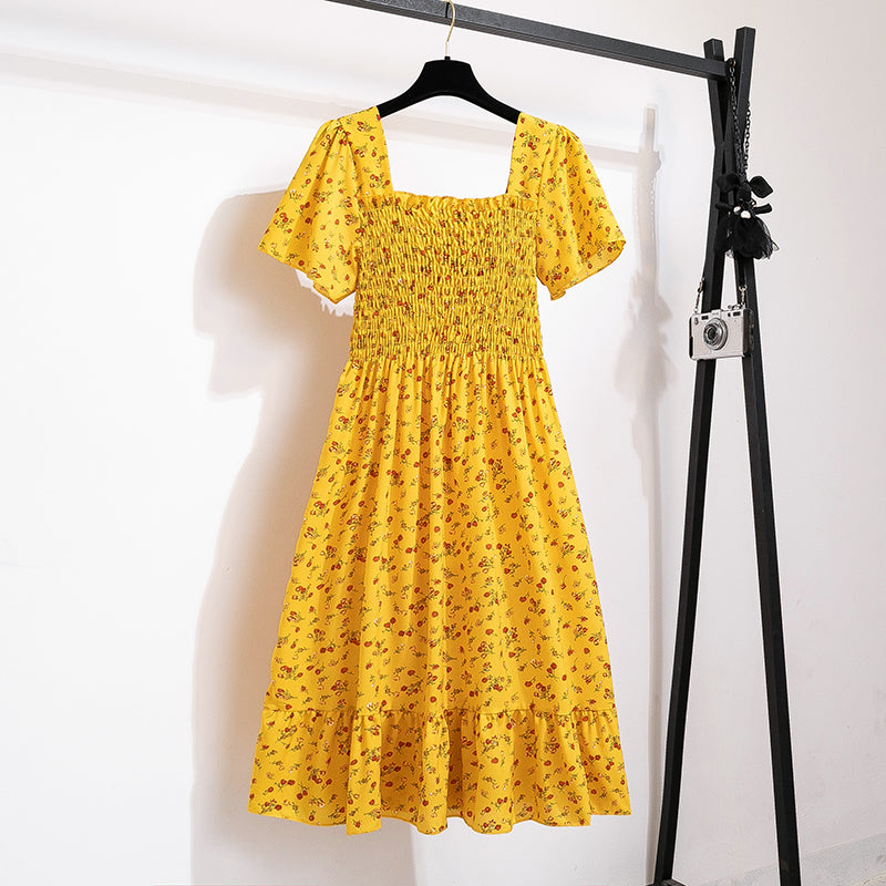 Spring Summer Chiffon Dress Women Midi Dresses Female Short Sleeve Elastic Waist Printed Floral Pleated Backless Casual Dress