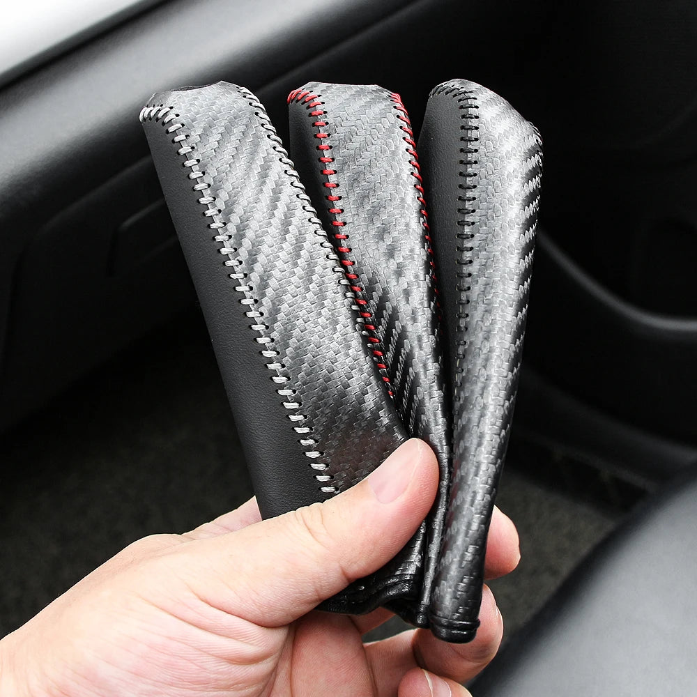 Carbon Fiber Style PU Leather Car Handbrake Cover Protective Sleeve Anti-Skid Parking Brake Handle Interior Accessories