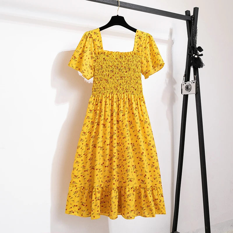 Spring Summer Chiffon Dress Women Midi Dresses Female Short Sleeve Elastic Waist Printed Floral Pleated Backless Casual Dress