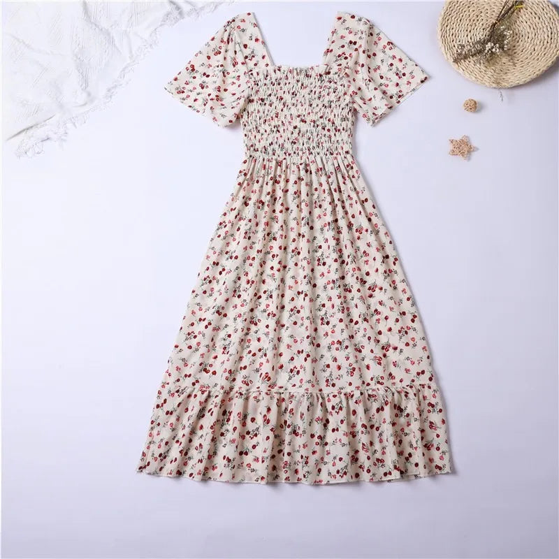 Spring Summer Chiffon Dress Women Midi Dresses Female Short Sleeve Elastic Waist Printed Floral Pleated Backless Casual Dress
