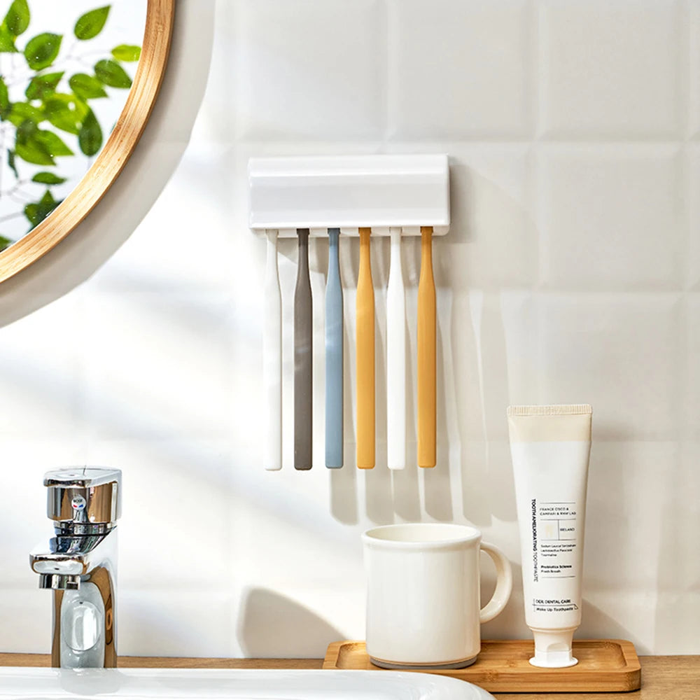 1 For Household 6-Tooth Brush Hook, Wall-Mounted Plastic Toothbrush Holder, Suitable For Bathroom, Rv, Cabinet Storage, White