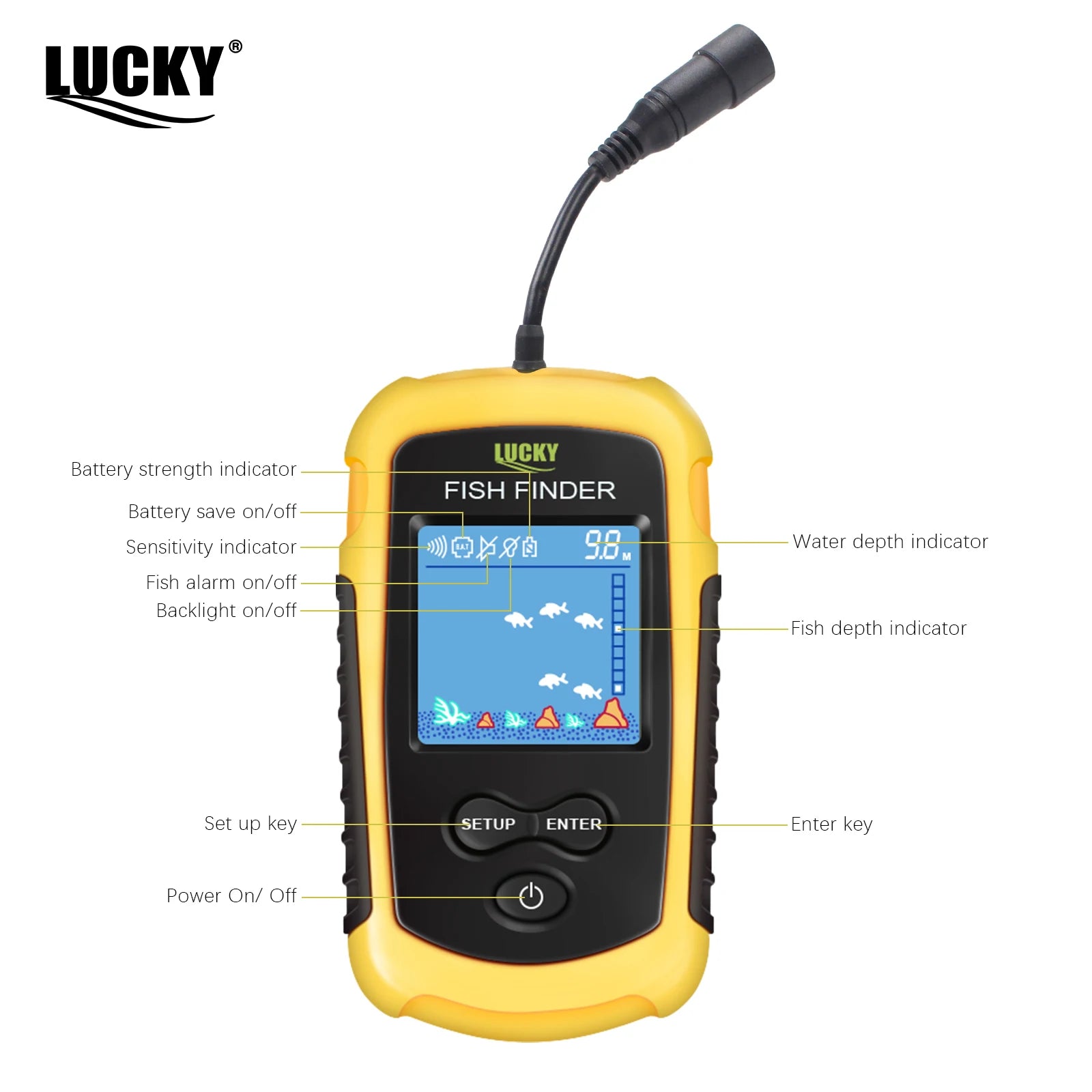 FFC1108-1 Alarm 100M Portable Sonar Fish Finders 45-Degree Sonar Coverage Echo Sounder Alarm Transducer Lake Sea Fishing