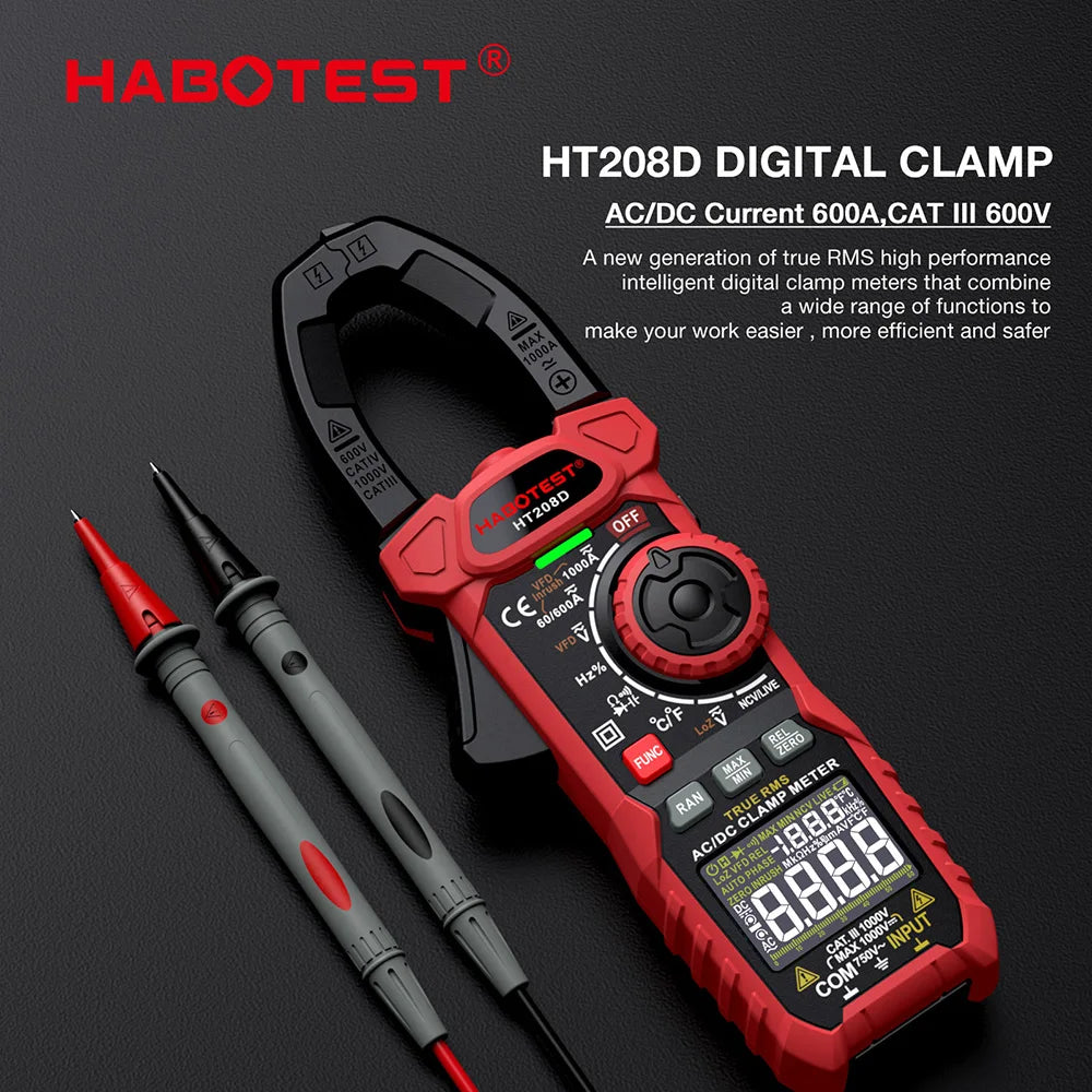 HT208A/D AC/DC Digital Clamp Meter Multimeter Clamp Ammeter True RMS High Precision Capacitance NCV Ohm Hz Tester