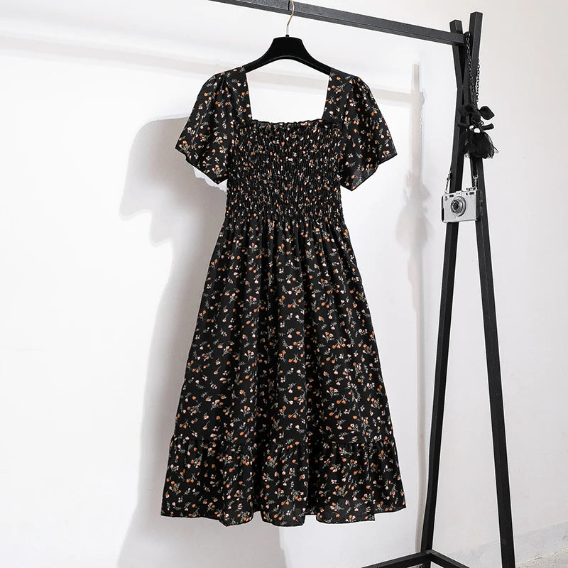 Spring Summer Chiffon Dress Women Midi Dresses Female Short Sleeve Elastic Waist Printed Floral Pleated Backless Casual Dress