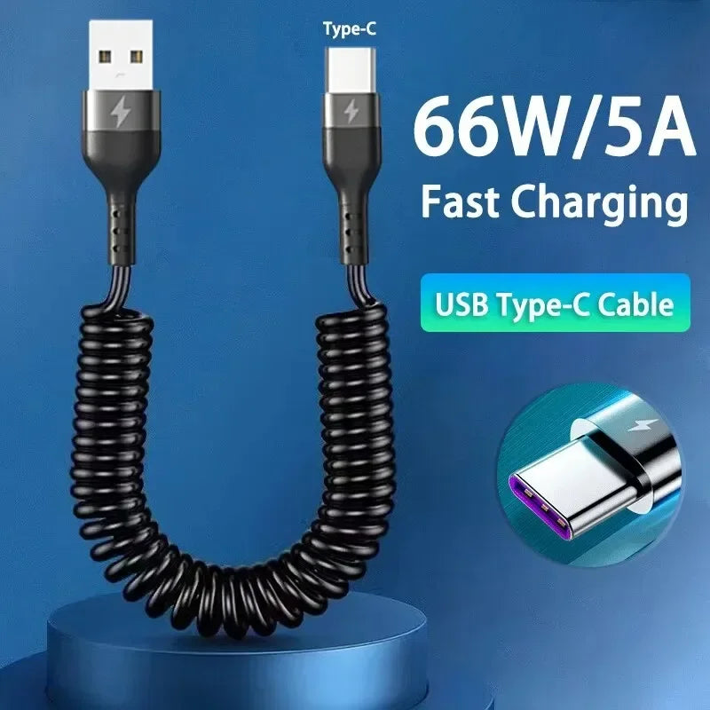 66W & LIGHTNING PD Fast Charging Type C to Type C Spring Telescopic Cable For iPhone 15 14 Samsung Xiaomi OnePlusCar USB Type C