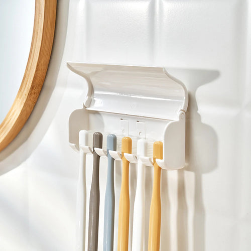 1 For Household 6-Tooth Brush Hook, Wall-Mounted Plastic Toothbrush Holder, Suitable For Bathroom, Rv, Cabinet Storage, White