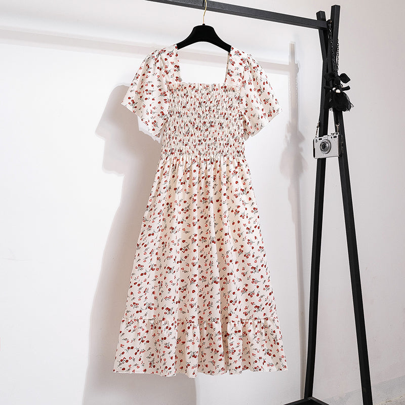 Spring Summer Chiffon Dress Women Midi Dresses Female Short Sleeve Elastic Waist Printed Floral Pleated Backless Casual Dress