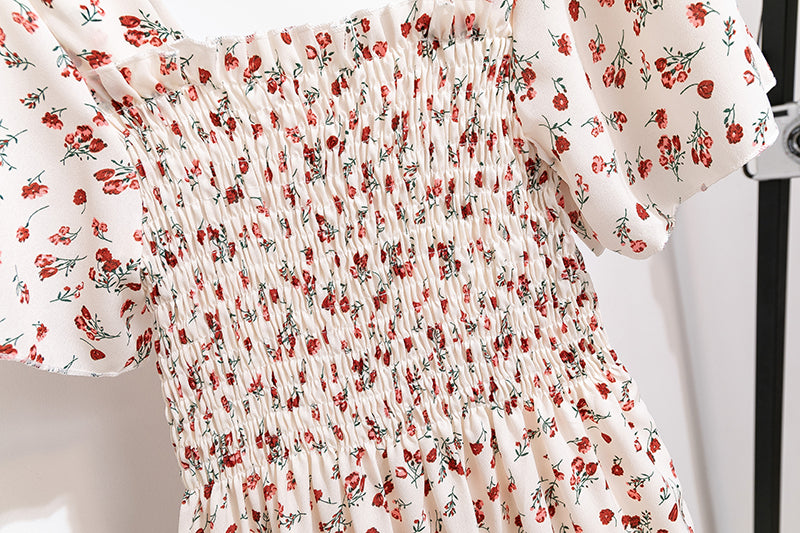 Spring Summer Chiffon Dress Women Midi Dresses Female Short Sleeve Elastic Waist Printed Floral Pleated Backless Casual Dress