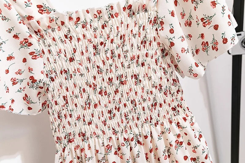Spring Summer Chiffon Dress Women Midi Dresses Female Short Sleeve Elastic Waist Printed Floral Pleated Backless Casual Dress