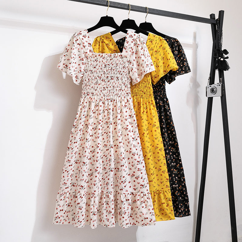 Spring Summer Chiffon Dress Women Midi Dresses Female Short Sleeve Elastic Waist Printed Floral Pleated Backless Casual Dress