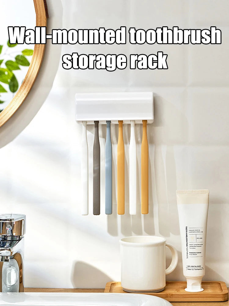 1 For Household 6-Tooth Brush Hook, Wall-Mounted Plastic Toothbrush Holder, Suitable For Bathroom, Rv, Cabinet Storage, White