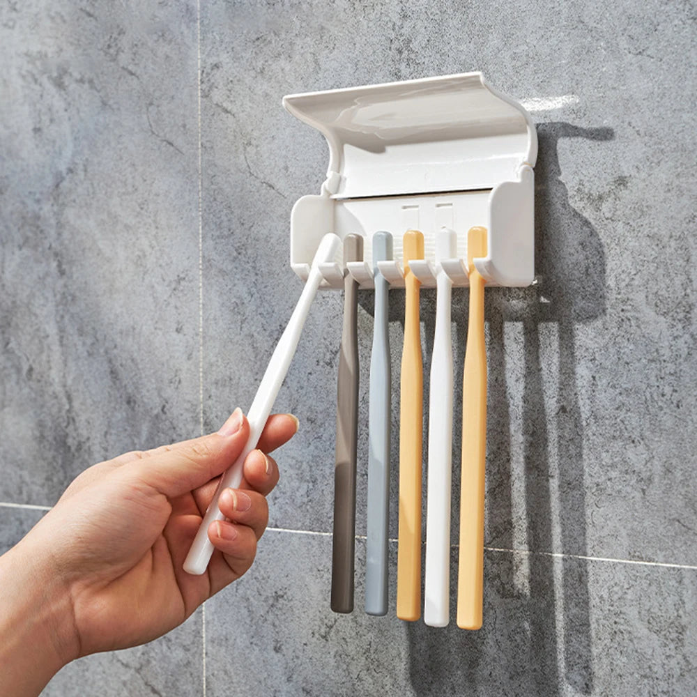 1 For Household 6-Tooth Brush Hook, Wall-Mounted Plastic Toothbrush Holder, Suitable For Bathroom, Rv, Cabinet Storage, White