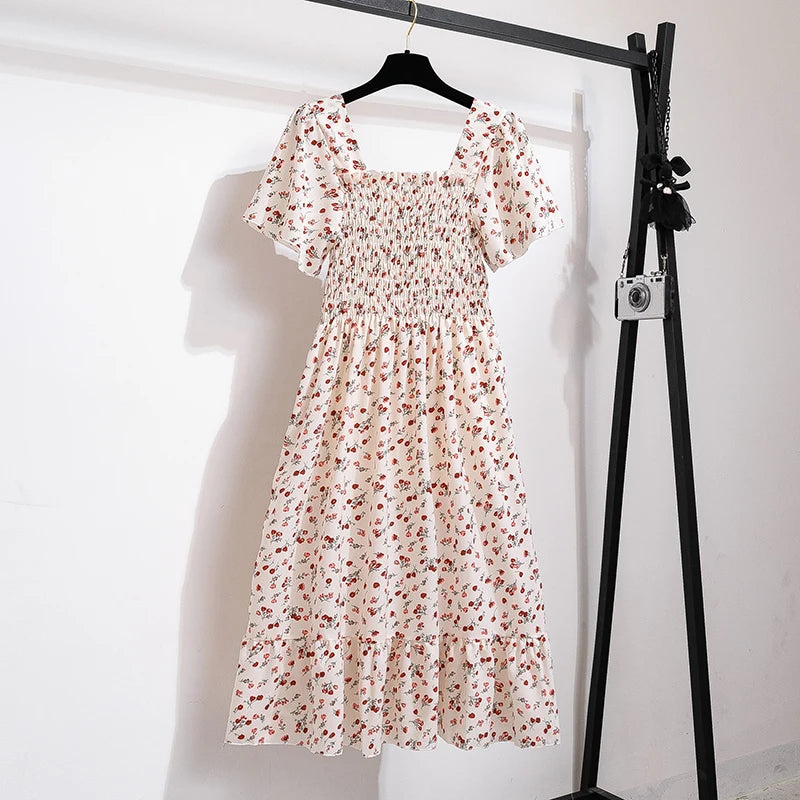 Spring Summer Chiffon Dress Women Midi Dresses Female Short Sleeve Elastic Waist Printed Floral Pleated Backless Casual Dress