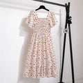 Spring Summer Chiffon Dress Women Midi Dresses Female Short Sleeve Elastic Waist Printed Floral Pleated Backless Casual Dress