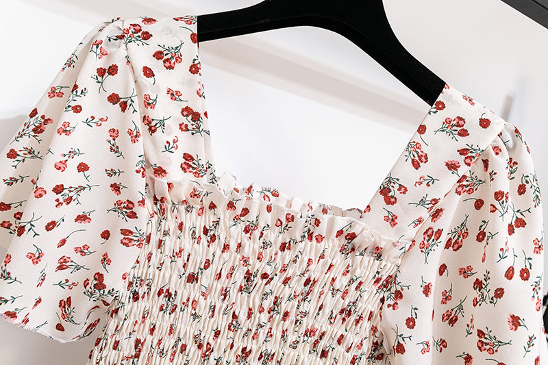 Spring Summer Chiffon Dress Women Midi Dresses Female Short Sleeve Elastic Waist Printed Floral Pleated Backless Casual Dress