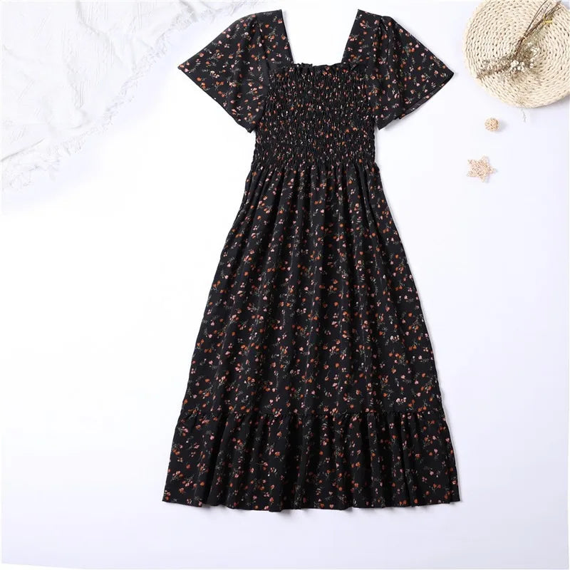 Spring Summer Chiffon Dress Women Midi Dresses Female Short Sleeve Elastic Waist Printed Floral Pleated Backless Casual Dress