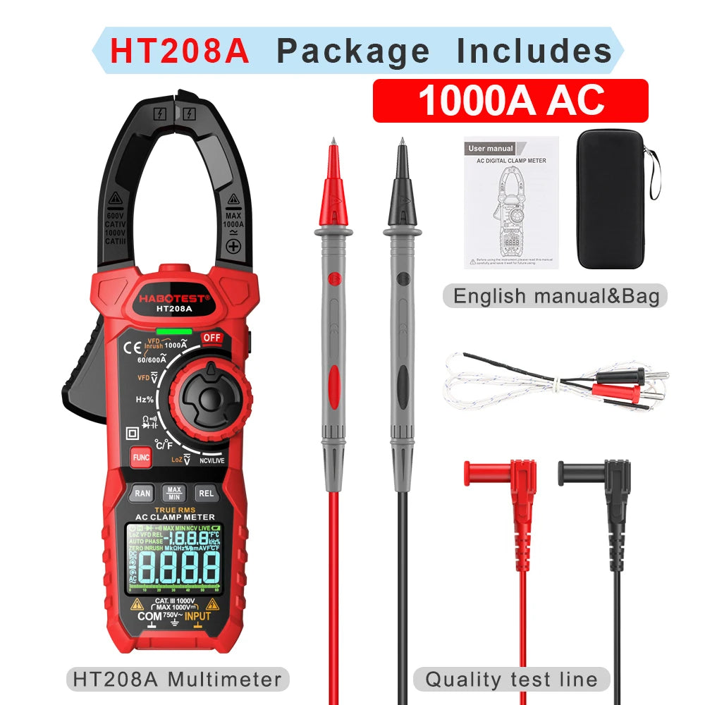 HT208A/D AC/DC Digital Clamp Meter Multimeter Clamp Ammeter True RMS High Precision Capacitance NCV Ohm Hz Tester