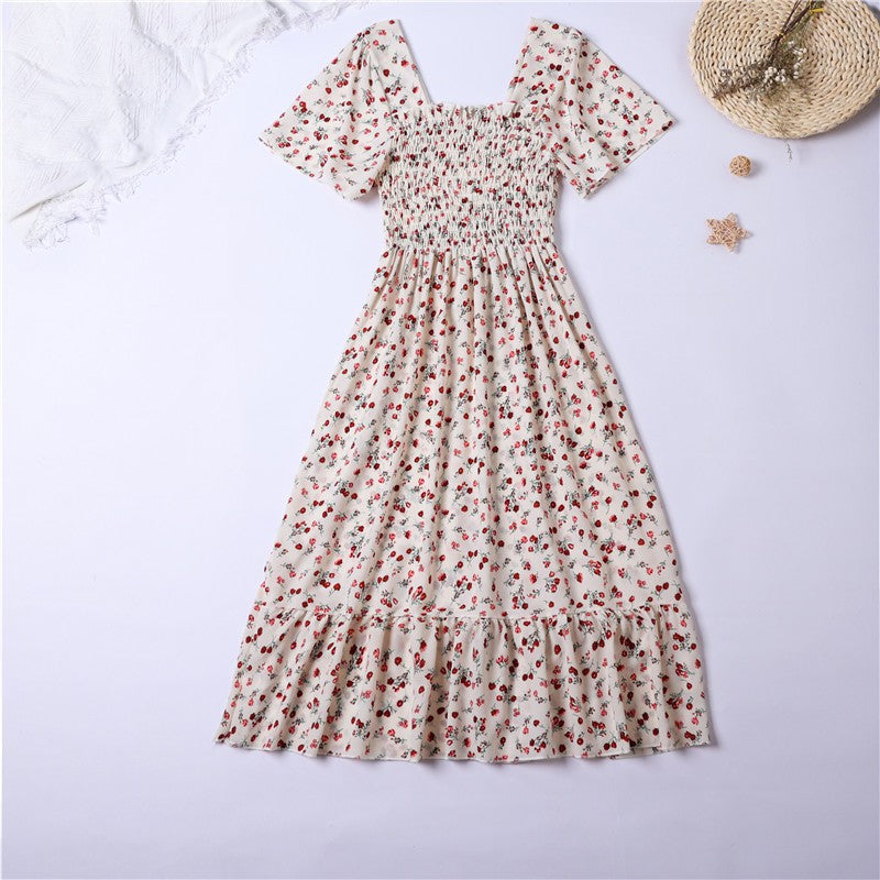 Spring Summer Chiffon Dress Women Midi Dresses Female Short Sleeve Elastic Waist Printed Floral Pleated Backless Casual Dress