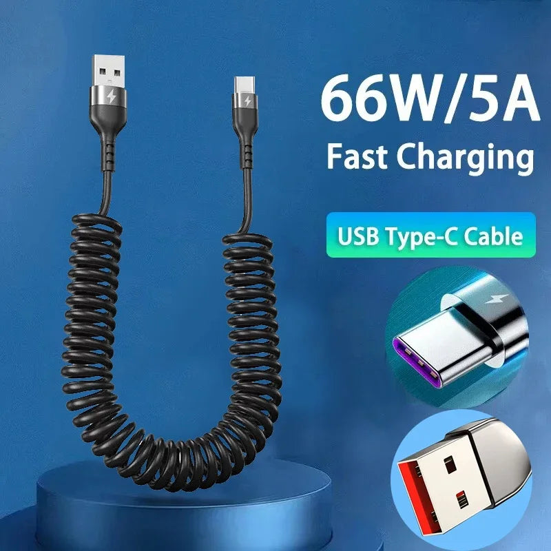 66W & LIGHTNING PD Fast Charging Type C to Type C Spring Telescopic Cable For iPhone 15 14 Samsung Xiaomi OnePlusCar USB Type C