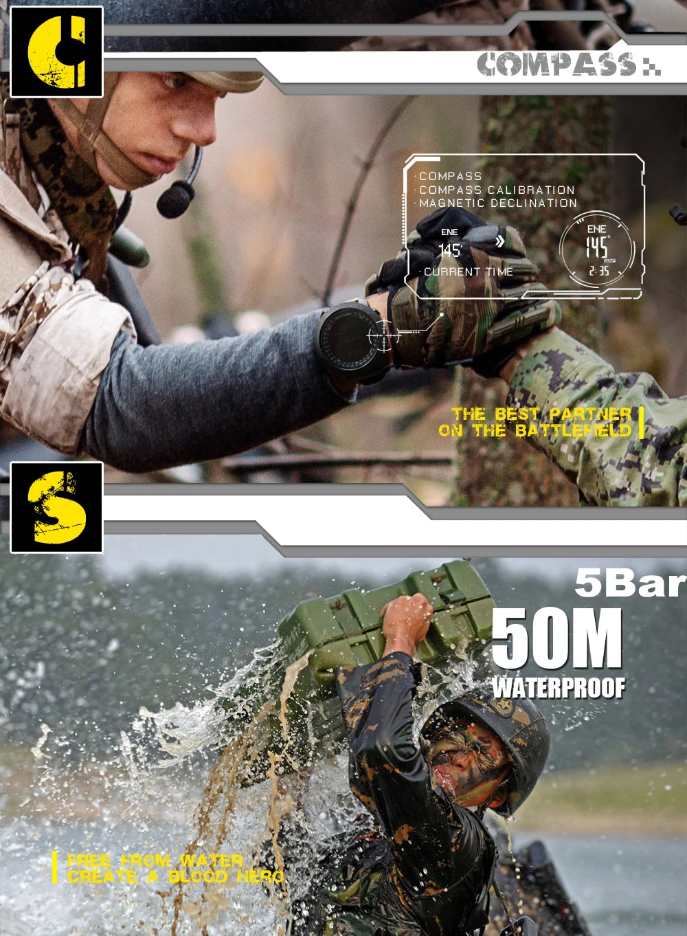 NORTH EDGE Men's sports Digital watch Hours Running Swimming Military Army watches Altimeter Barometer Compass waterproof 50m