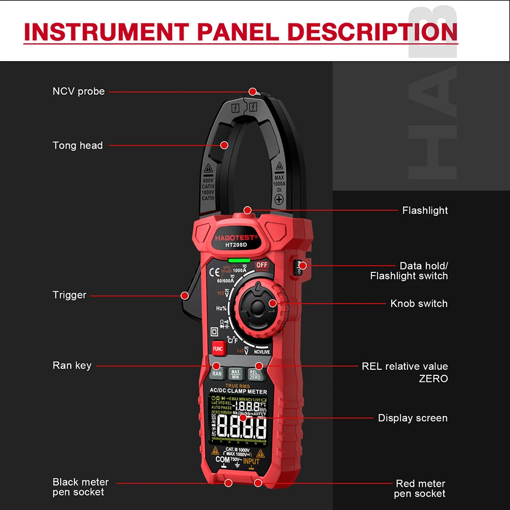 HT208A/D AC/DC Digital Clamp Meter Multimeter Clamp Ammeter True RMS High Precision Capacitance NCV Ohm Hz Tester