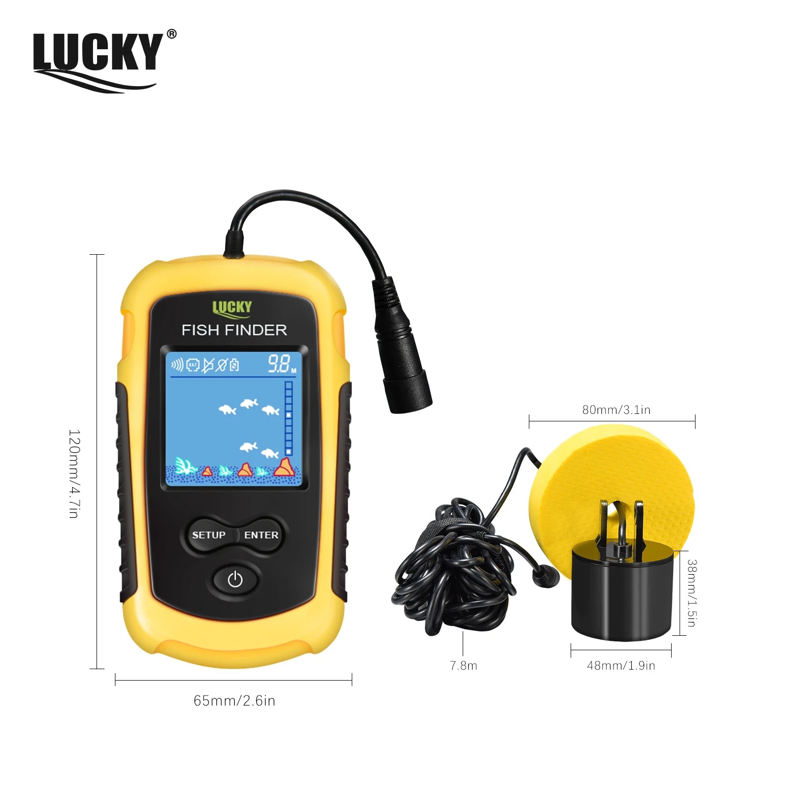FFC1108-1 Alarm 100M Portable Sonar Fish Finders 45-Degree Sonar Coverage Echo Sounder Alarm Transducer Lake Sea Fishing