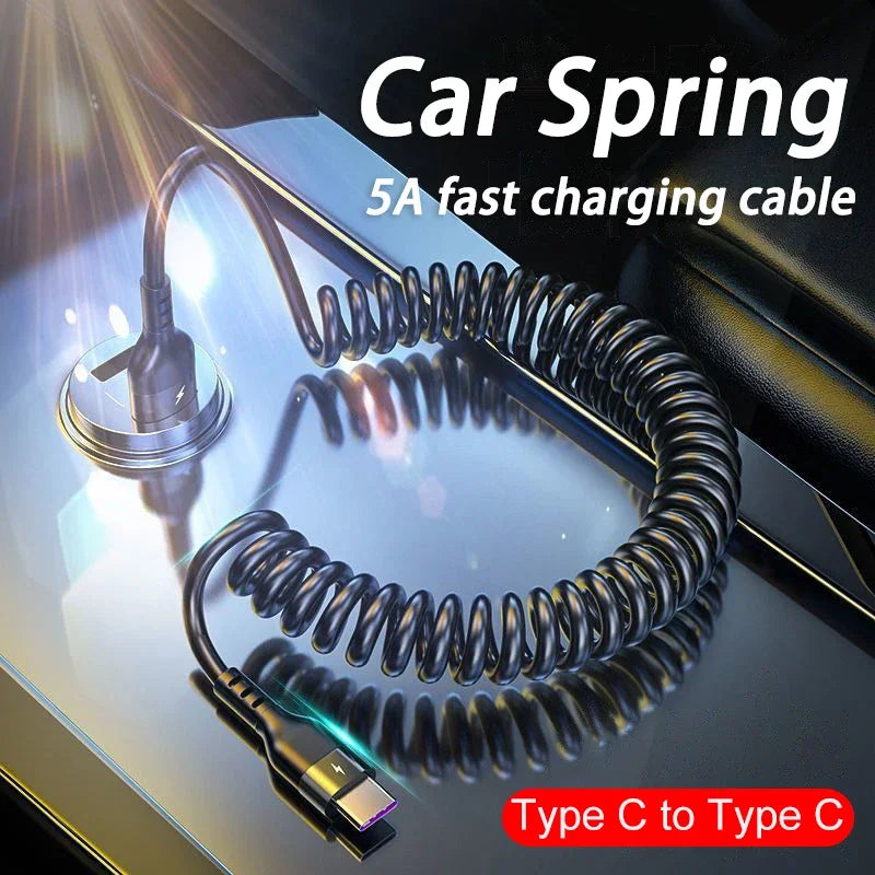 66W & LIGHTNING PD Fast Charging Type C to Type C Spring Telescopic Cable For iPhone 15 14 Samsung Xiaomi OnePlusCar USB Type C