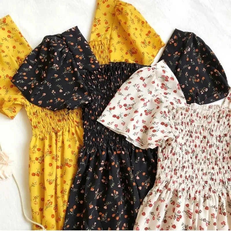 Spring Summer Chiffon Dress Women Midi Dresses Female Short Sleeve Elastic Waist Printed Floral Pleated Backless Casual Dress