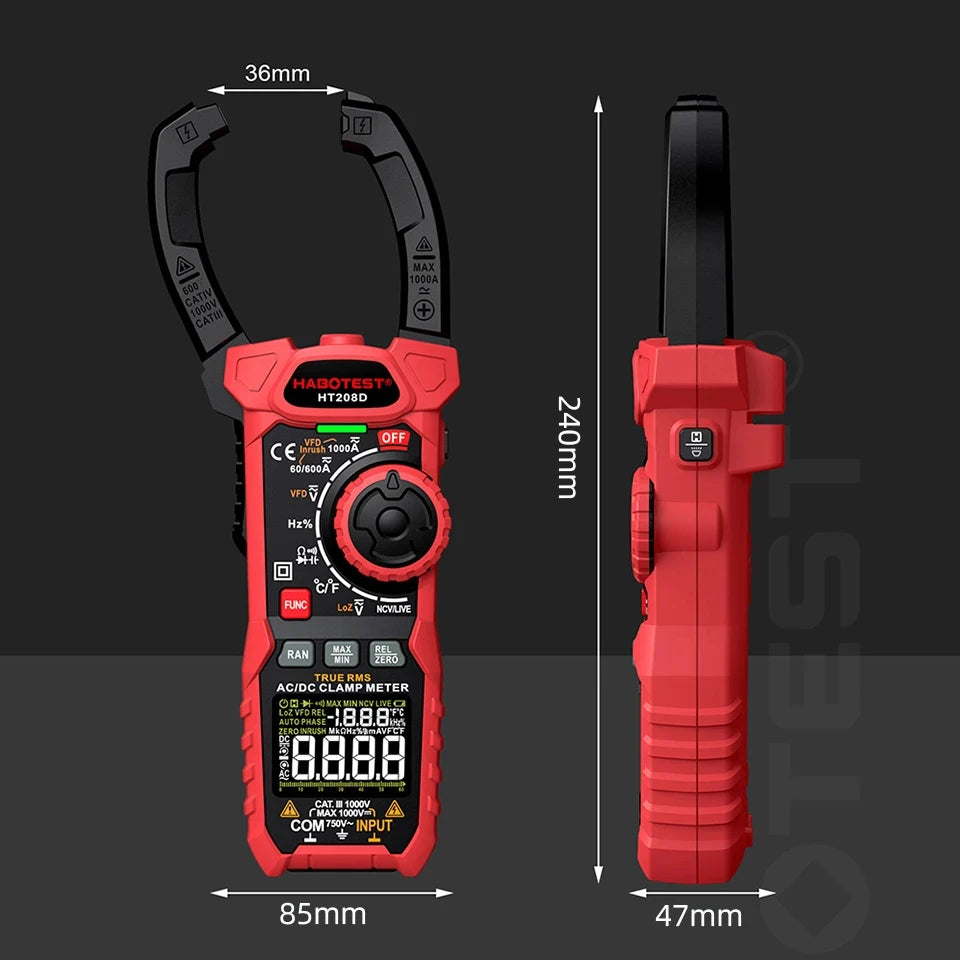 HT208A/D AC/DC Digital Clamp Meter Multimeter Clamp Ammeter True RMS High Precision Capacitance NCV Ohm Hz Tester