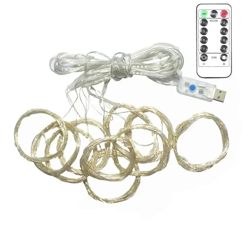 Christmas Home Decoration USB 8 Modes Fairy Garland Lights LED Curtain String Lights with Remote Control for Bedroom Wedding