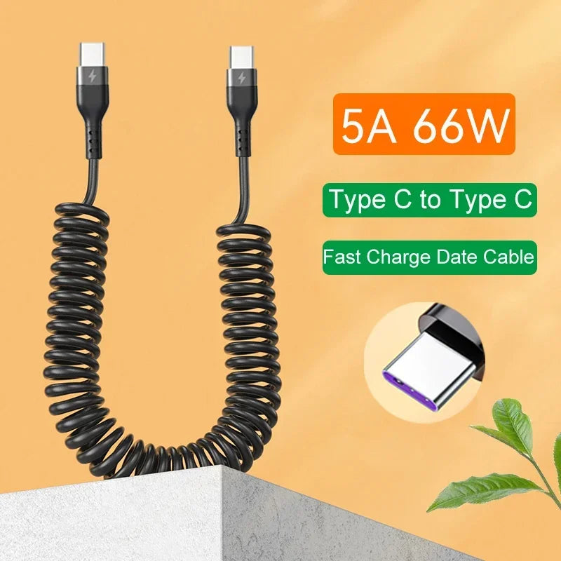 66W & LIGHTNING PD Fast Charging Type C to Type C Spring Telescopic Cable For iPhone 15 14 Samsung Xiaomi OnePlusCar USB Type C